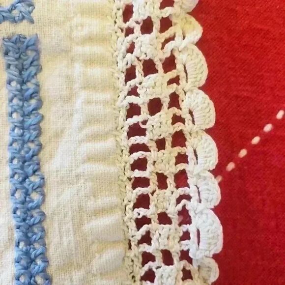 Vintage Handmade Blue/White Embroidered Crocheted Handkerchief - Picture 7 of 10